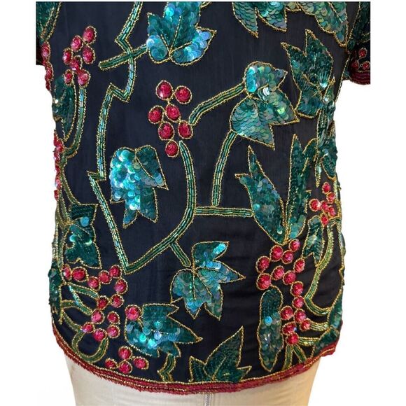 Laurence Kazar Vtg Silk Beaded Holiday Top Cocktail Formal Sz. M - Picture 7 of 8